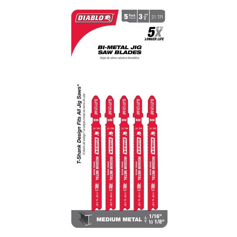 Diablo 3-5/8 in. Bi-Metal T-Shank Medium Metal Jig Saw Blade 21 TPI 5 pk