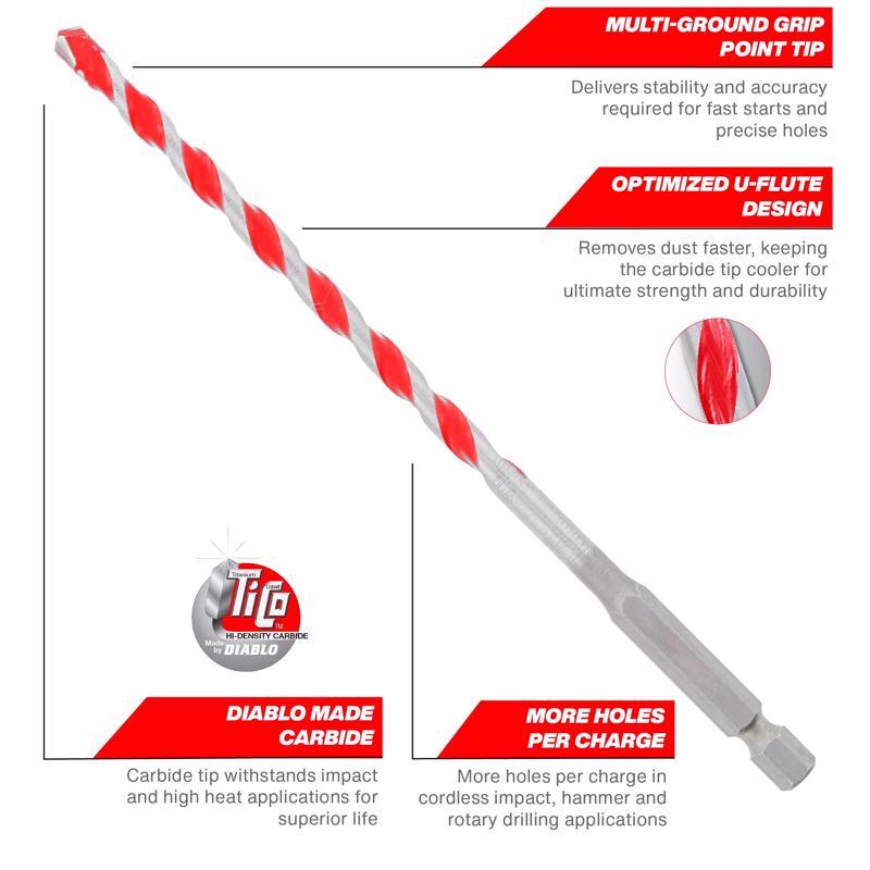 Diablo Speedemon 1/4 in. X 6 in. L Carbide Tipped Red Granite Hammer Drill Bit Hex Shank 5 pk