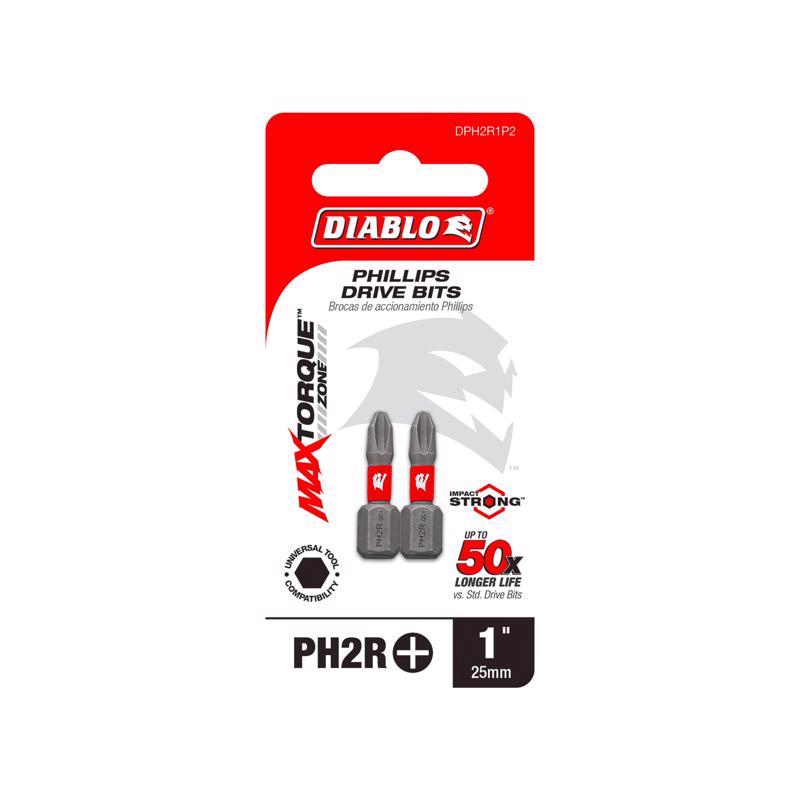 Diablo Phillips Reduced #2 X 1 in. L Drywall Screwdriver Bit Black Oxide 2 pk