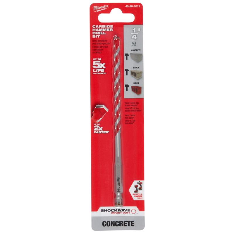 Milwaukee Shockwave 1/4 in. X 6 in. L Carbide Hammer Drill Bit Hex Shank