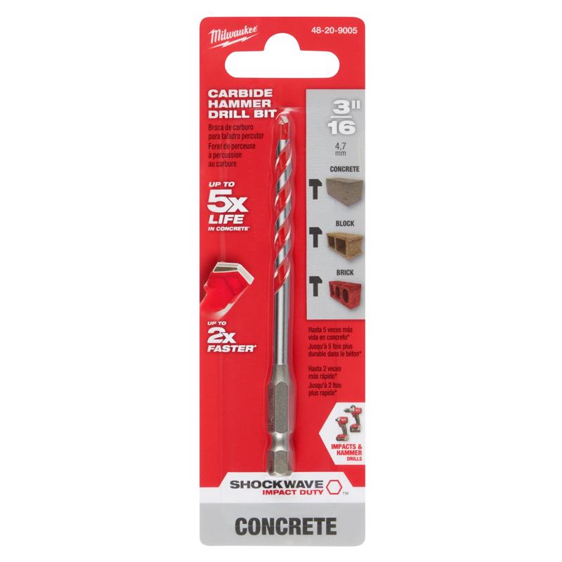 Milwaukee Shockwave 3/16 in. X 4 in. L Carbide Hammer Drill Bit Hex Shank
