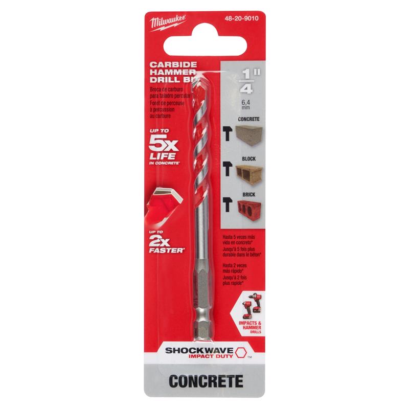 Milwaukee Shockwave 1/4 in. X 4 in. L Carbide Hammer Drill Bit Hex Shank