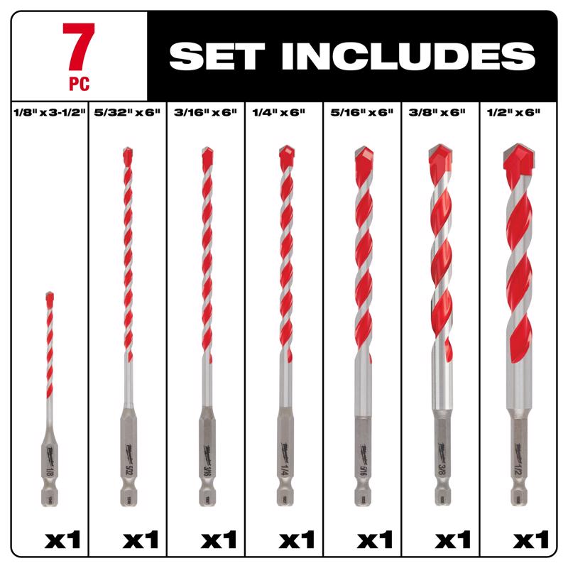 Milwaukee Shockwave 1/8 in. Carbide Large Hammer Drill Bit Set Hex Shank 7 pc