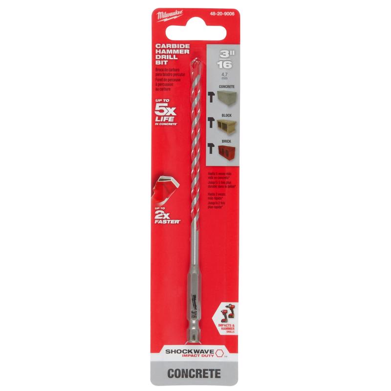 Milwaukee Shockwave 3/16 in. X 6 in. L Carbide Hammer Drill Bit Hex Shank