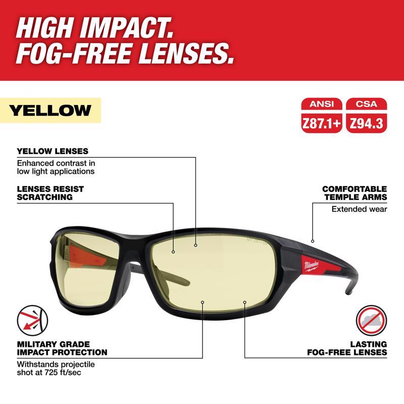 Milwaukee Anti-Fog Impact-Resistant Safety Glasses Yellow Lens Black/Red Frame