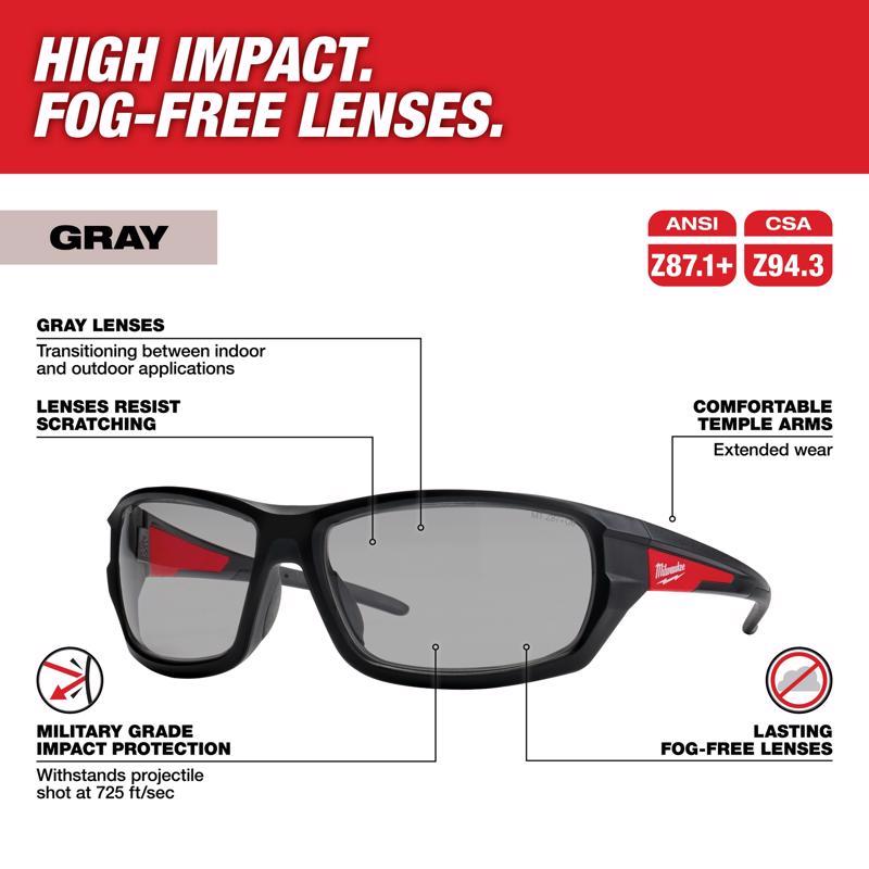 Milwaukee Anti-Fog Impact-Resistant Safety Glasses Gray Lens Black/Red Frame