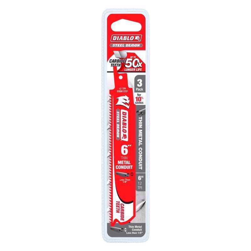 Diablo Steel Demon 6 in. Carbide Tipped Thin Metal Conduit Reciprocating Saw Blade 12 TPI 3 pk