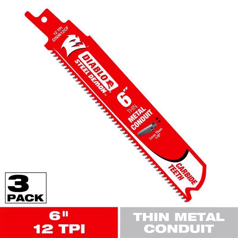 Diablo Steel Demon 6 in. Carbide Tipped Thin Metal Conduit Reciprocating Saw Blade 12 TPI 3 pk