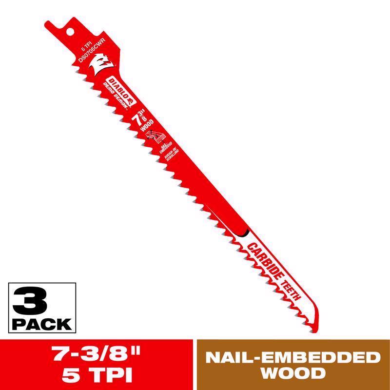 Diablo Demo Demon 7-3/8 in. Carbide Tipped Rough-In/Scrolling Reciprocating Saw Blade 5 TPI 3 pk