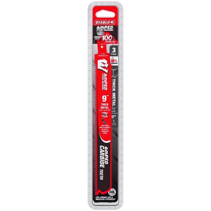 Diablo Amped 9 in. Carbide Tipped Reciprocating Saw Blade 8 TPI 3 pk