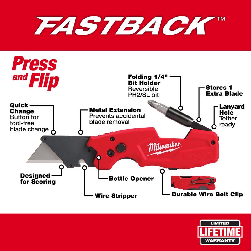 Milwaukee Fastback 8-3/4 in. Folding 6-in-1 Utility Knife Red