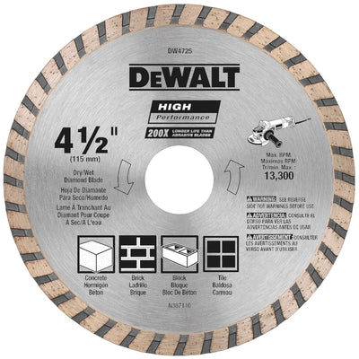 DeWalt High Performance 4-1/2 in. D X 7/8 in. Diamond Turbo Masonry Cut-Off Blade
