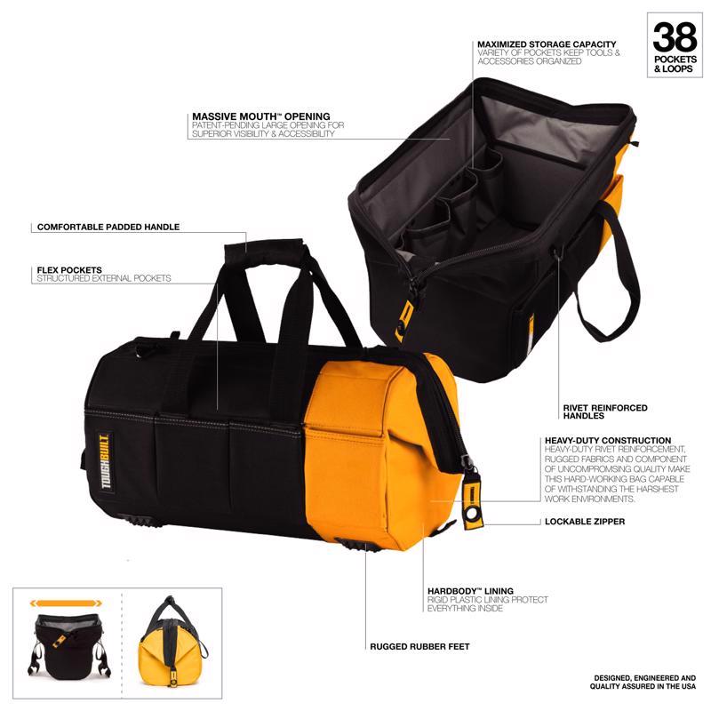 ToughBuilt 16 in. W X 10 in. H Polyester Massive Mouth Tool Bag 38 pocket Black/Gray/Orange