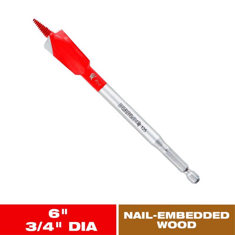 Diablo Demo Demon 3/4 in. X 6 in. L High Carbon Steel Nail-Embedded Wood Spade Bit Hex Shank
