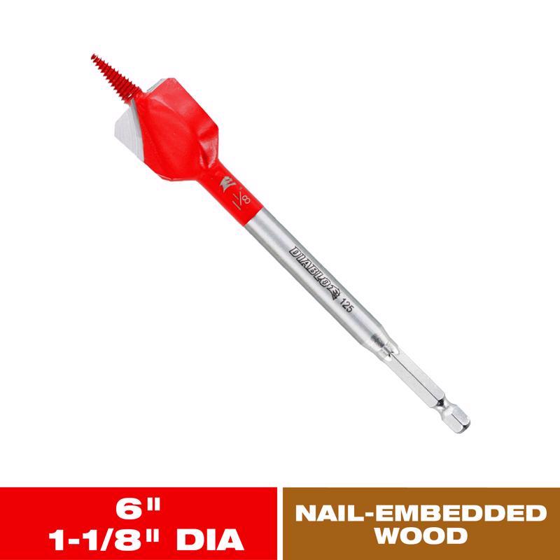 Diablo Demo Demon 1-1/8 in. X 6 in. L High Carbon Steel Nail-Embedded Wood Spade Bit Hex Shank