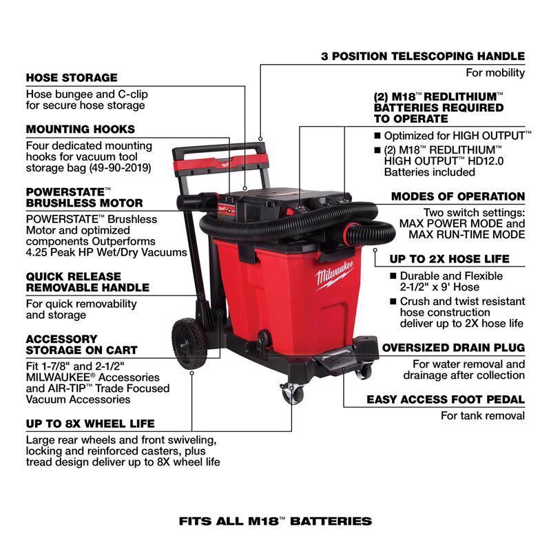 Milwaukee M18 FUEL 0930-22HD 12 gal Cordless Wet/Dry Vacuum Kit (Battery & Charger) 36 V 4.25 HP