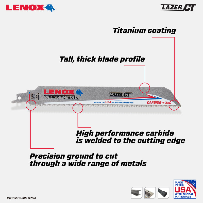 Lenox Lazer CT 9 in. Carbide Tipped Reciprocating Saw Blade 8 TPI