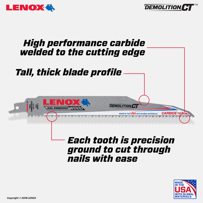 Lenox Demolition CT 9 in. Carbide Tipped Reciprocating Saw Blade 6 TPI