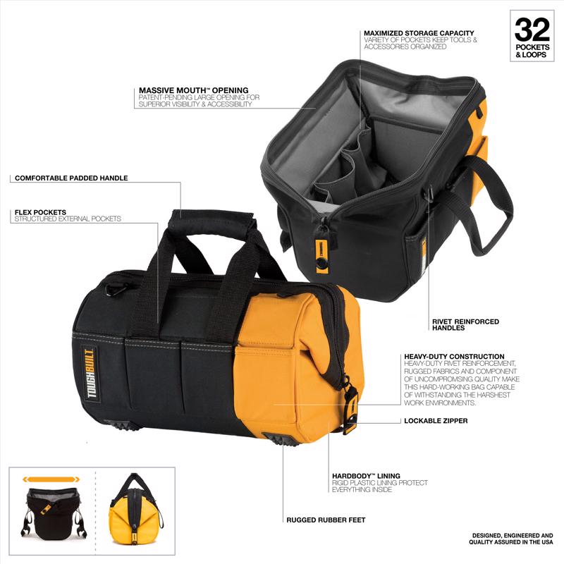 ToughBuilt 12 in. W X 8.75 in. H Polyester Massive Mouth Tool Bag 32 pocket Black/Gray/Orange