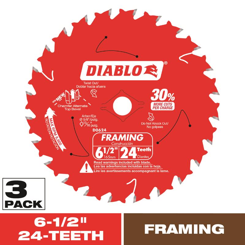 Diablo Tracking Point 6-1/2 in. D X 5/8 in. TiCo Hi-Density Carbide Framing Saw Blade 24 teeth 3 pk