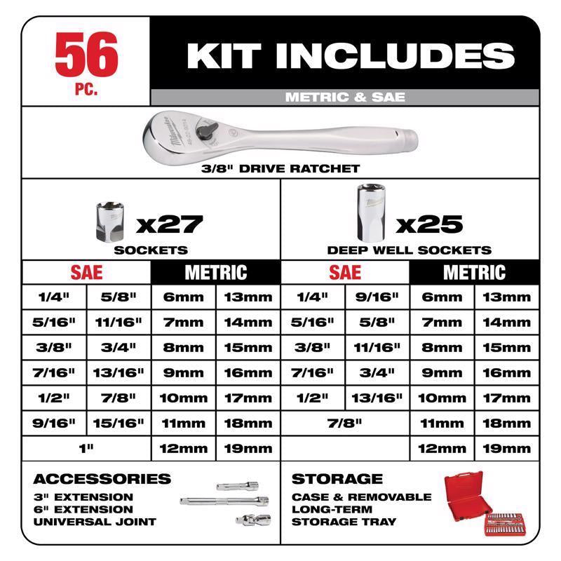 Milwaukee 3/8 in. drive Metric/SAE Mechanics Socket and Ratchet Set 56 pc