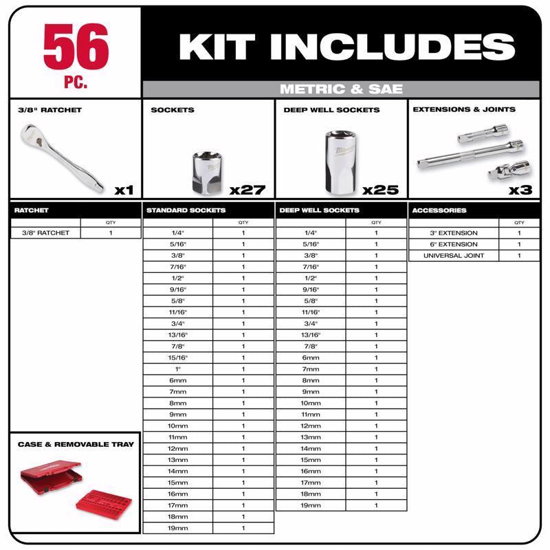 Milwaukee 3/8 in. drive Metric/SAE Mechanics Socket and Ratchet Set 56 pc