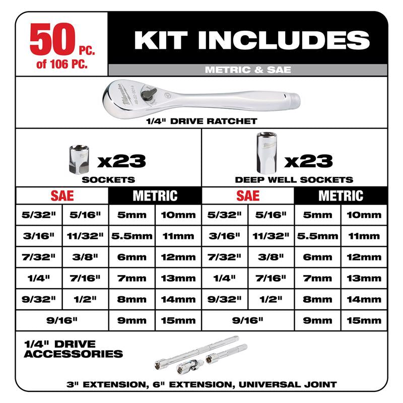 Milwaukee Packout 1/4 and 3/8 in. drive Metric and SAE Ratchet and Socket Set 90 teeth