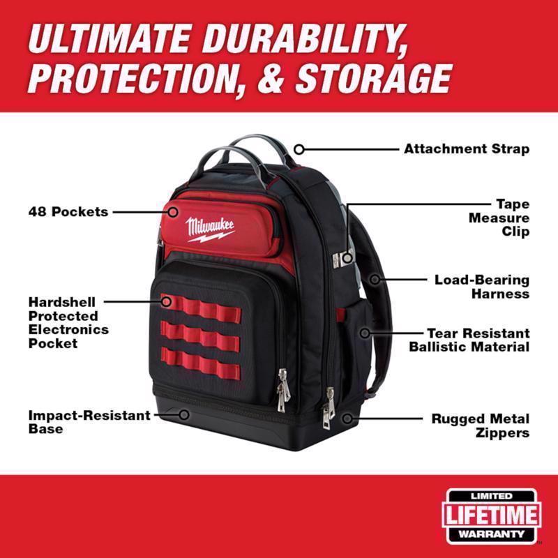 Milwaukee Ultimate Jobsite Ballistic Nylon Backpack 48 pocket Black/Red