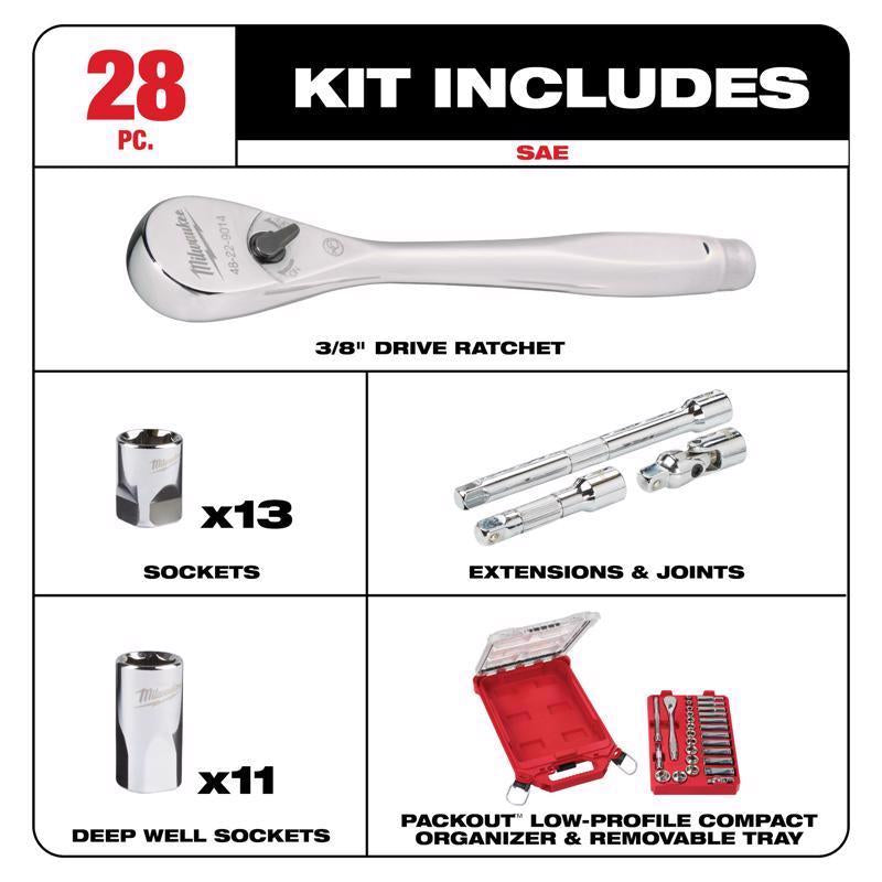 Milwaukee packout 3/8 in. drive SAE 28 Piece Mechanics Ratchet and Socket Set