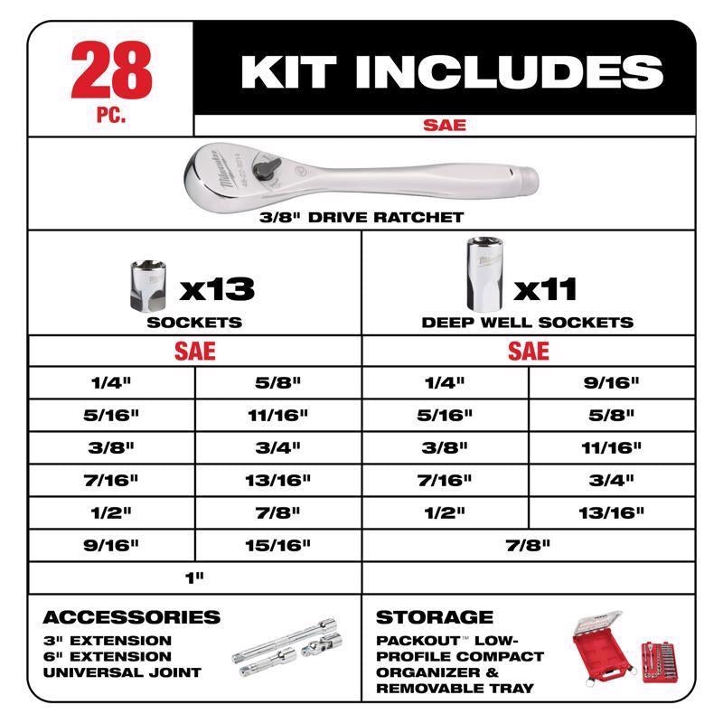 Milwaukee packout 3/8 in. drive SAE 28 Piece Mechanics Ratchet and Socket Set