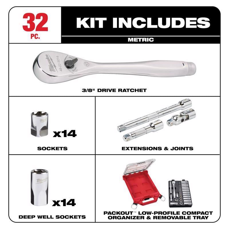 Milwaukee Packout 3/8 in. drive Metric 6 Point Mechanics Socket and Ratchet Set 32 pc