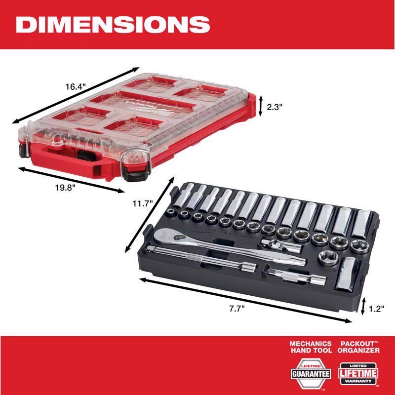 Milwaukee Packout 3/8 in. drive Metric 6 Point Mechanics Socket and Ratchet Set 32 pc