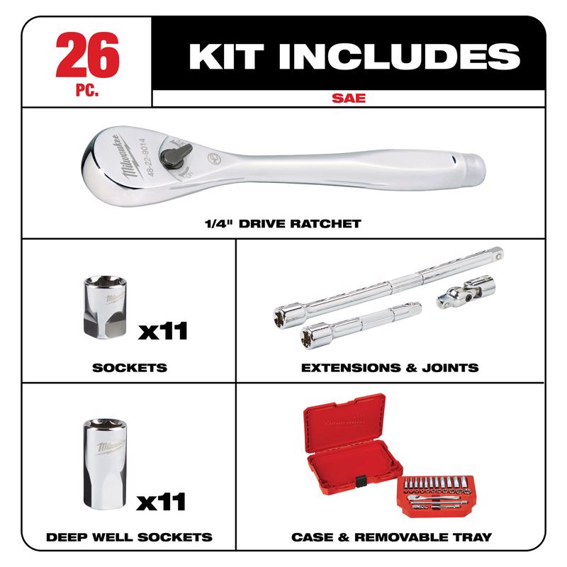 Milwaukee 1/4 in. drive SAE Mechanics Ratchet and Socket Set 90 teeth