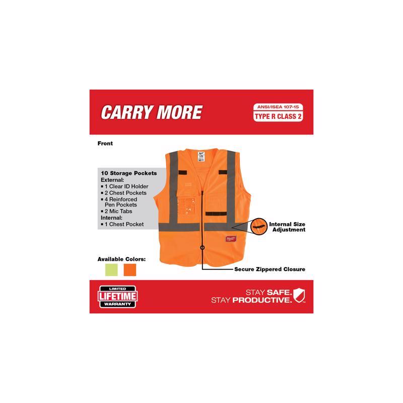Milwaukee Reflective Class 2 with 10 Pockets Safety Vest Hi-Viz Orange L/XL