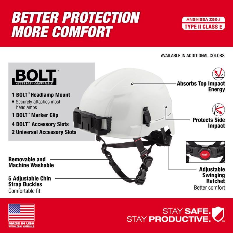 Milwaukee Bolt Ratchet Type II Class E Non-Vented Safety Helmet White