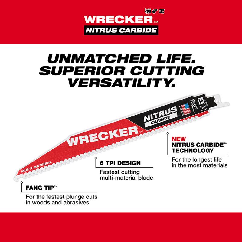 Milwaukee Wrecker 9 in. Nitrus Carbide Sawzall Reciprocating Saw Blade 6 TPI