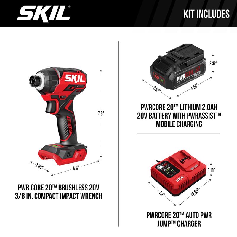 SKIL 20V PWR CORE 20 3/8 in. Cordless Brushless Compact Impact Wrench Kit (Battery & Charger)