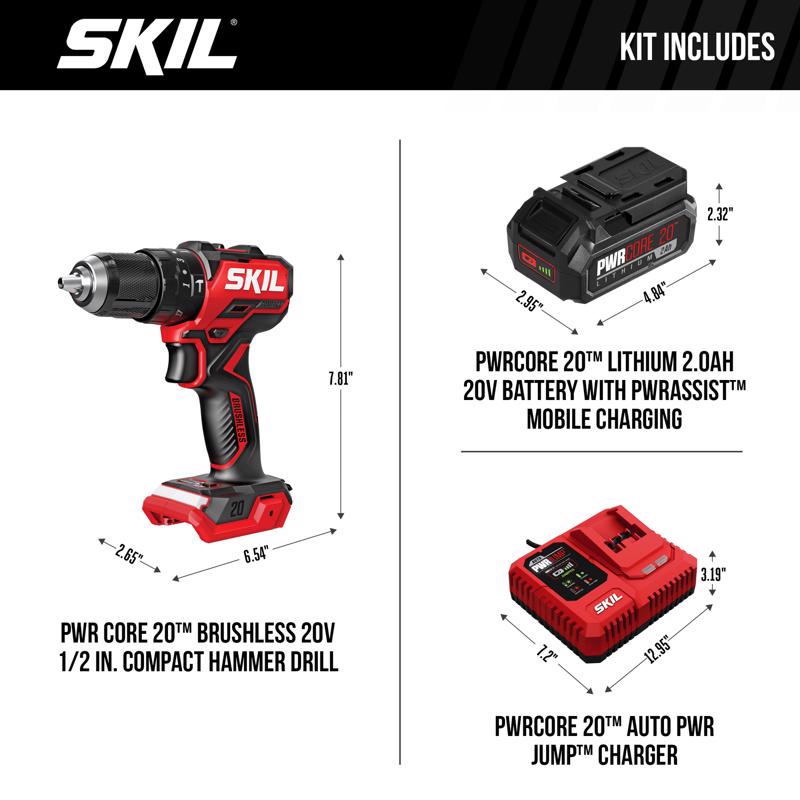 SKIL 20V PWR CORE 20 1/2 in. Brushless Cordless Compact Hammer Drill Kit (Battery)