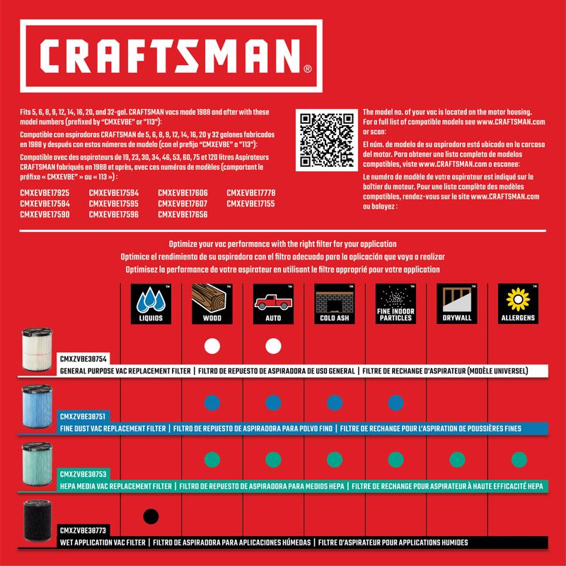 Craftsman 6.75 in. D General Purpose and Wet Application Wet/Dry Vac Cartridge Filter 5-20 gal 2 pc