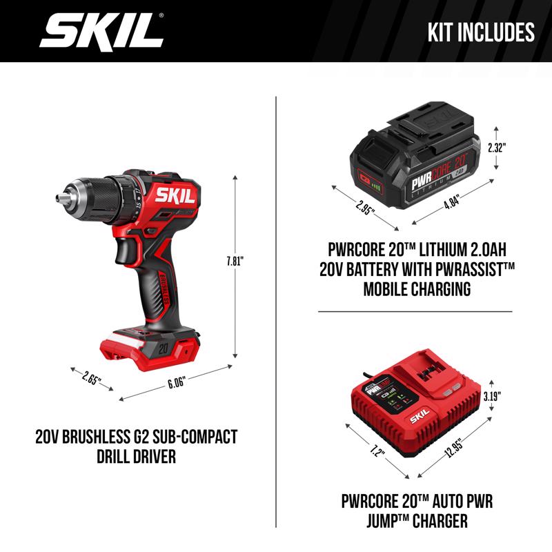 SKIL 20V PWR CORE 20 1/2 in. Brushless Cordless Drill/Driver Kit (Battery & Charger)