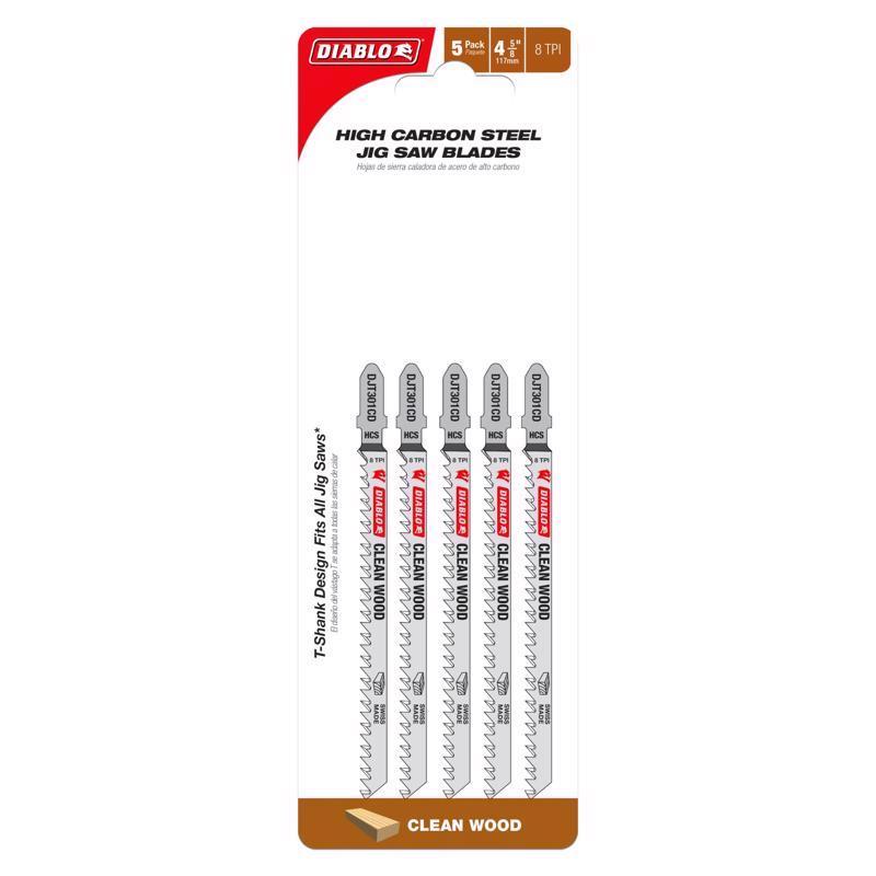 Diablo 4-5/8 in. High Carbon Steel T-Shank Cleamn Wood Jig Saw Blade 8 TPI 5 pk