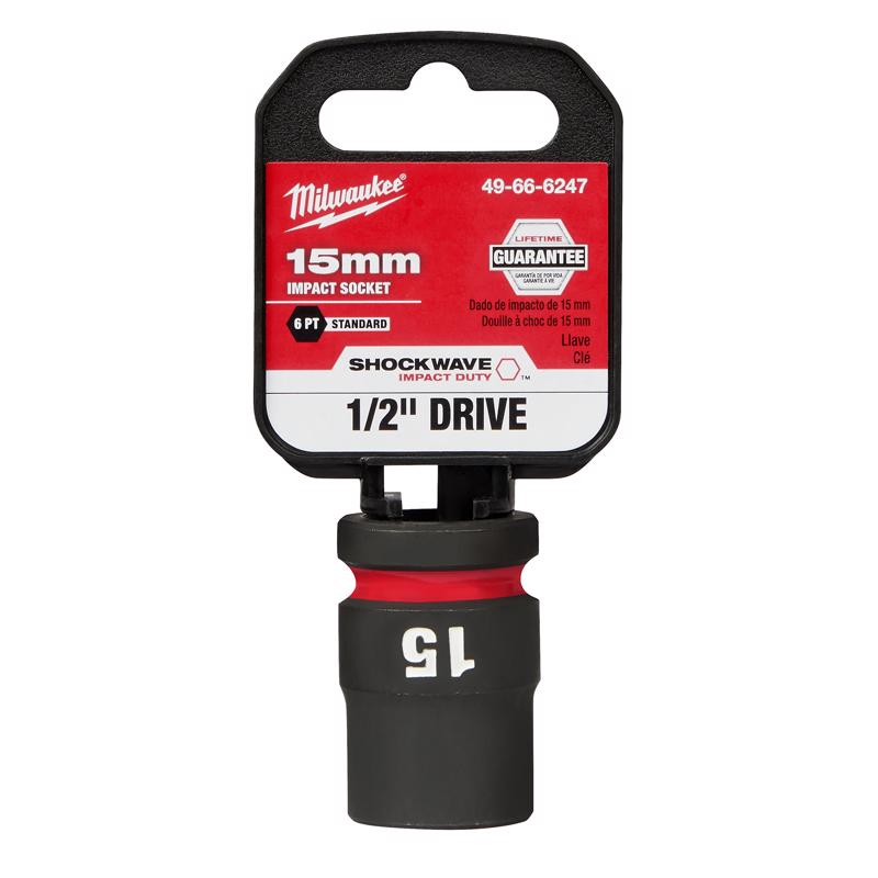 Milwaukee Shockwave 15 mm X 1/2 in. drive Metric/SAE 6 Point Standard Impact Socket