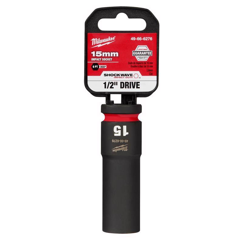 Milwaukee Shockwave 15 mm X 1/2 in. drive Metric 6 Point Deep Impact Socket