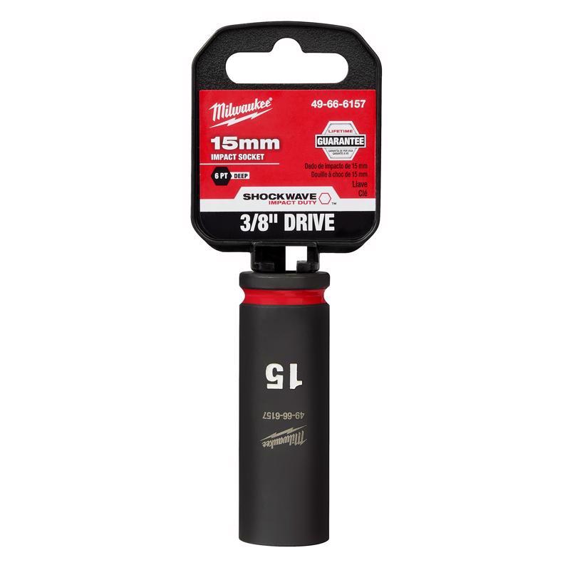 Milwaukee Shockwave 15 mm X 3/8 in. drive Metric 6 Point Deep Impact Socket