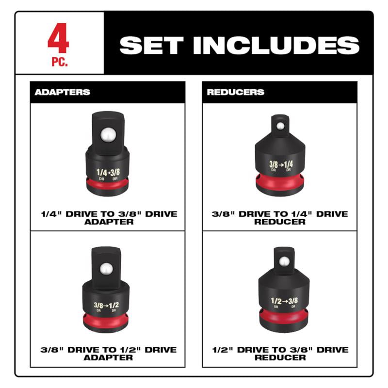 Milwaukee Shockwave 1/4, 3/8 and 1/2 in. drive X 3/8 in. SAE Adapter Socket Adapter Set 4 pc