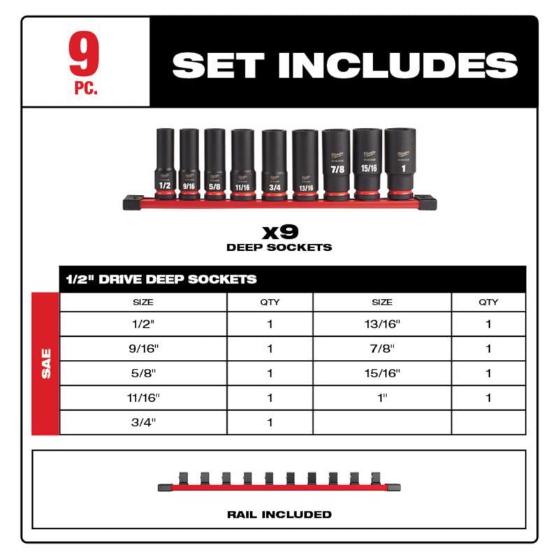 Milwaukee Shockwave 1/2 in. drive SAE 6 Point Impact Rated Deep Socket Set 9 pc