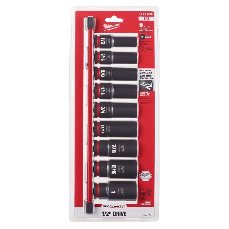 Milwaukee Shockwave 1/2 in. drive SAE 6 Point Impact Rated Deep Socket Set 9 pc
