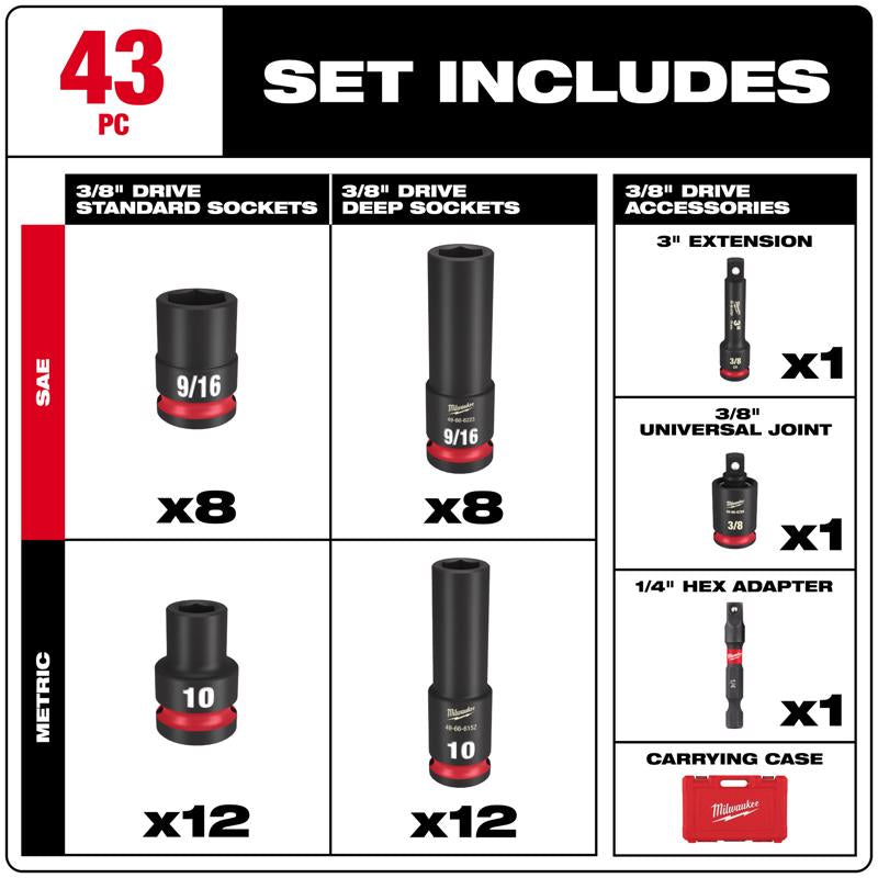 Milwaukee Shockwave 3/8 in. drive Metric/SAE 6 Point Standard/Deep Impact Rated Socket Set 43 pc