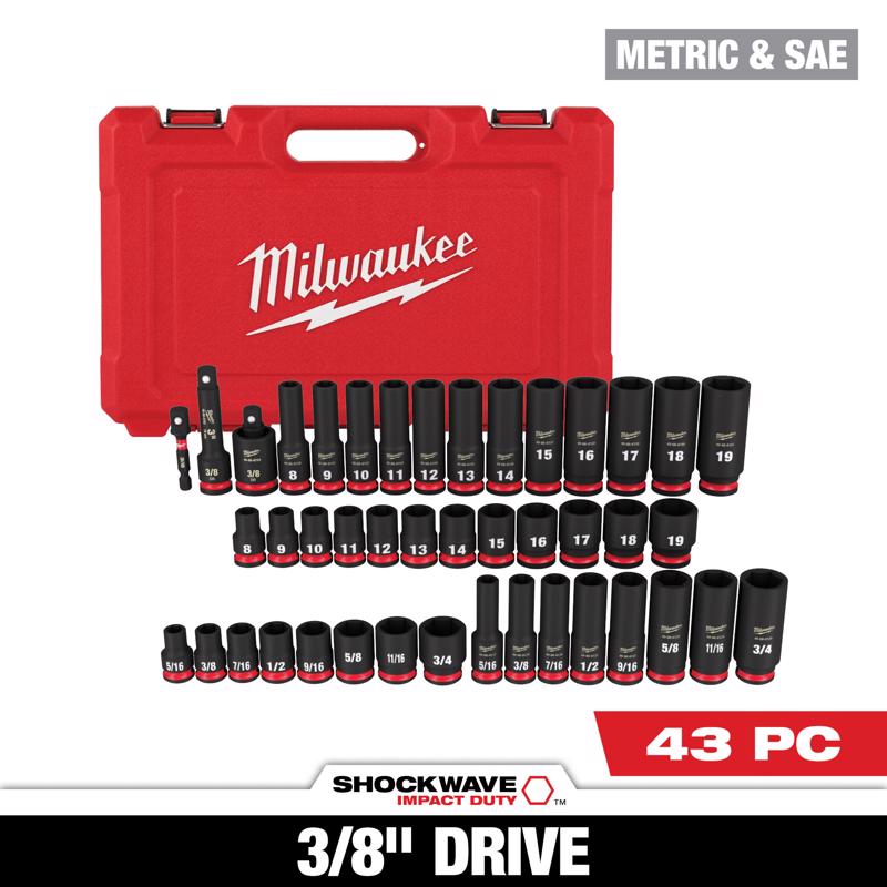 Milwaukee Shockwave 3/8 in. drive Metric/SAE 6 Point Standard/Deep Impact Rated Socket Set 43 pc