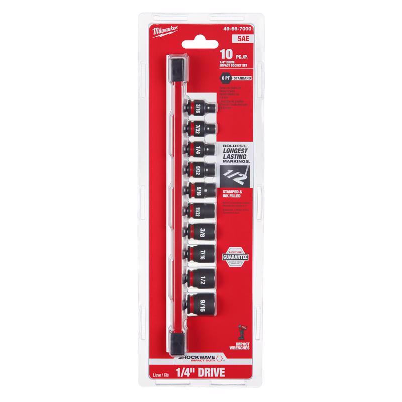 Milwaukee Shockwave 1/4 in. drive SAE 6 Point Standard Impact Rated Shallow Socket Set 10 pc